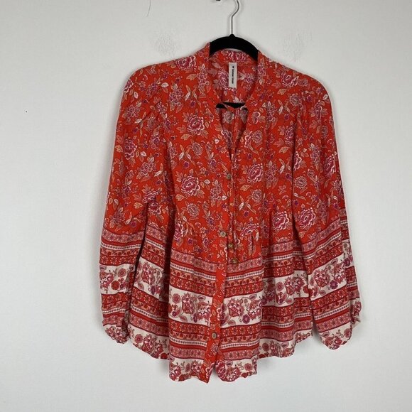 Bohemian Outsider Red Floral Striped Button Down Tie Neck Flowy Top Woman’s Sz M - Picture 1 of 10